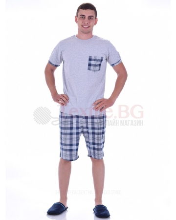 Мъжка макси пижама с къс ръкав в две комбинации с каре панталон и джоб