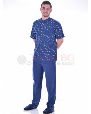 Мъжка пижама къс ръкав с цяло закопчаване и джоб в две цветови комбинации