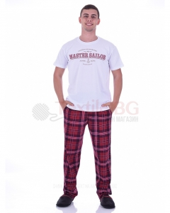 Мъжка памучна пижама с къс ръкав и дълъг каре панталон с джобове