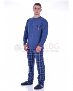 Мъжка памучна пижама с джоб и каре панталон в три цветови комбинации