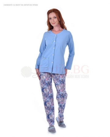 Дамска памучна пижама дълъг ръкав с копчета в бонбонени цветове