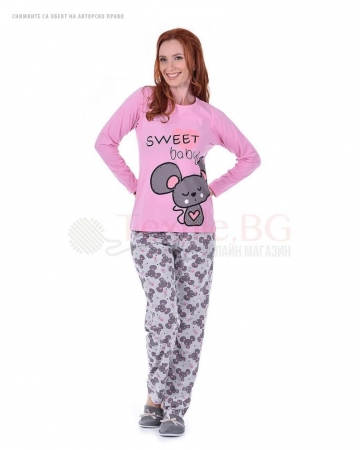 Дамска памучна пижама дълъг ръкав с декорация мишка