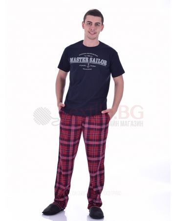 Мъжка памучна пижама с къс ръкав и дълъг каре панталон с джобове