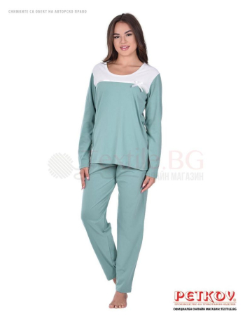 Семпла дамска пижама дълъг ръкав със сатенена панделка за декорация - зелено