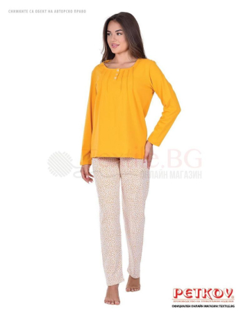 Свободна дамска пижама дълъг ръкав в цветно съчетание в жълто