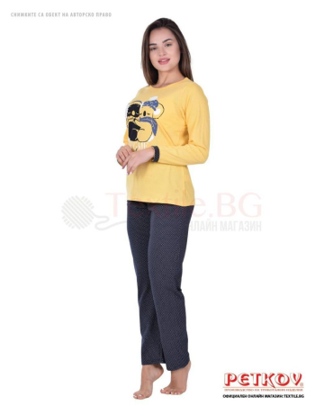 Дамска пижама дълъг ръкав със зимна декорация коали - жълто