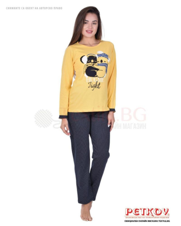 Дамска пижама дълъг ръкав със зимна декорация коали - жълто