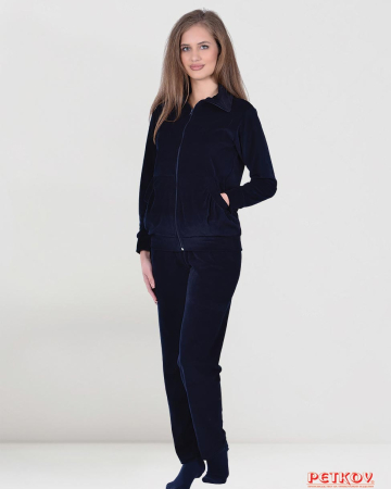 Дамски домашен комплект плюш с цип и големи джобове - тъмно синьо