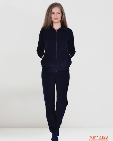 Дамски домашен комплект плюш с цип и големи джобове - тъмно синьо