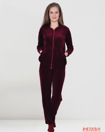 Дамски домашен комплект плюш с цип и големи джобове - бордо