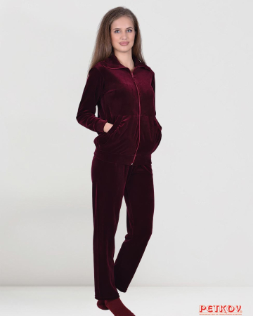 Дамски домашен комплект плюш с цип и големи джобове - бордо