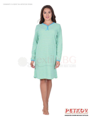 Плътна дамска нощница дълъг ръкав в свежо райе зелено и синьо