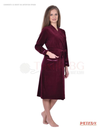 Комфортен дамски халат плюш с голям джоб - бордо