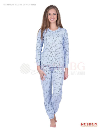 Дамска интерлог пижама памучен рипс в десен сърчица - светло синьо