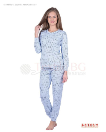 Дамска интерлог пижама памучен рипс в десен сърчица - светло синьо