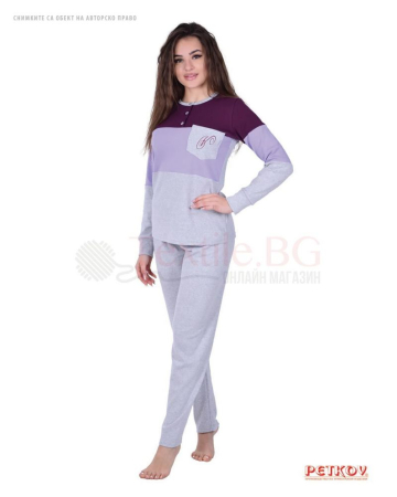 Плътна дамска пижама интерлог с цветни платки и джоб - лилаво