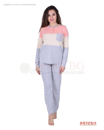 Плътна дамска пижама интерлог с цветни платки и джоб - сьомга