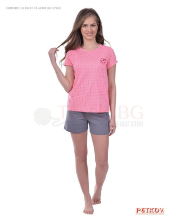 Лятна памучна пижама къс ръкав сиво и розово с десен на сърчиц