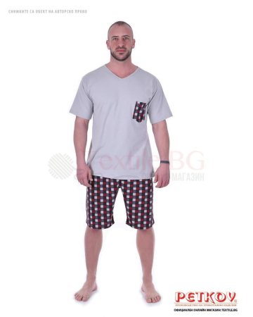 Мъжка пижама с къс ръкав и къс панталон с джоб в оригинален принт каре