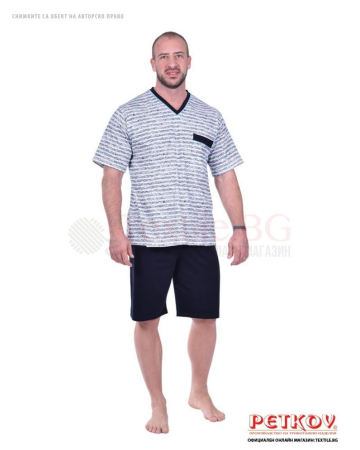 Мъжка пижама къс ръкав остро деколте в десен пъстро райе с джоб - тъмно синьо