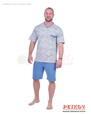 Мъжка пижама къс ръкав остро деколте в десен пъстро райе с джоб - светло синьо