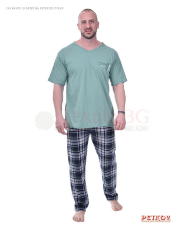 Kомфортна мъжка пижама с къс ръкав и дълъг каре панталон - зелено
