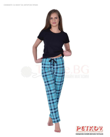 Памучен дамски панталон на пижама каре със сатенена панделка