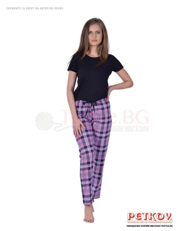 Памучен дамски панталон на пижама каре със сатенена панделка