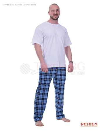 Мъжки дълъг панталон на пижама в десен на светлосиньо каре