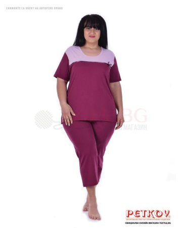 Семпла макси пижама къс ръкав със сатенена лента - вишна