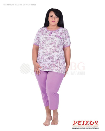 Памучна макси пижама къс ръкав в десен красиви рози в лилаво