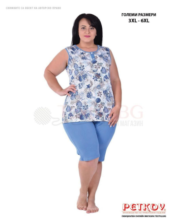 Лятна макси пижама потник с ¾-ти панталон с флорална щампа в светло синьо