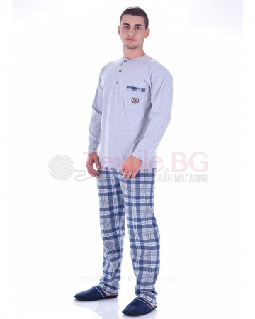 Мъжка памучна пижама с джоб и каре панталон в три цветови комбинации