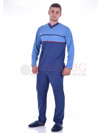 Комфортна мъжка пижама в двуцветна комбинция с ленти и остро деколте