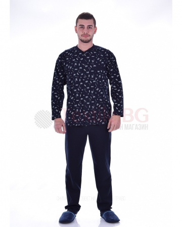 Мъжка памучна пижама цяло закопчаване с джоб в две цветови комбинации