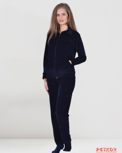 Дамски домашен комплект плюш с цип и големи джобове - тъмно синьо