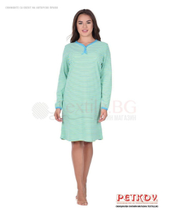 Плътна дамска нощница дълъг ръкав в свежо райе зелено и синьо