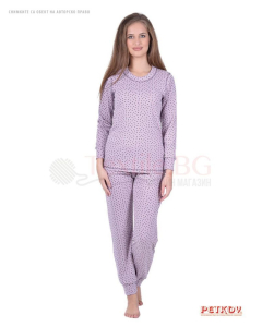 Дамска интерлог пижама памучен рипс в десен сърчица - светло лилаво