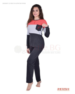 Плътна дамска пижама интерлог  с цветни платки и джоб