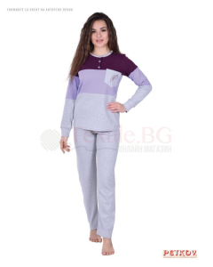 Плътна дамска пижама интерлог с цветни платки и джоб - лилаво