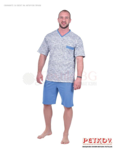 Мъжка пижама къс ръкав остро деколте в десен пъстро райе с джоб - светло синьо