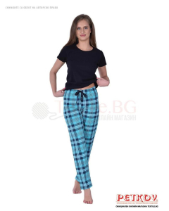 Памучен дамски панталон на пижама каре със сатенена панделка