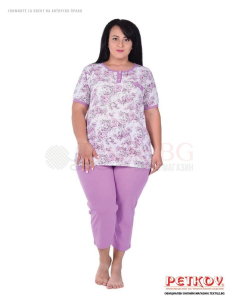 Памучна макси пижама къс ръкав в десен красиви рози в лилаво