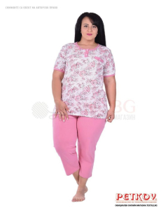 Памучна макси пижама къс ръкав в десен красиви рози в тъмно розово