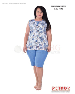 Лятна макси пижама потник с ¾-ти панталон с флорална щампа в светло синьо