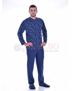 Мъжка памучна пижама цяло закопчаване с джоб в две цветови комбинации