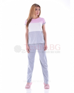 Дамска пижама къс ръкав с цветни платки и дълъг панталон