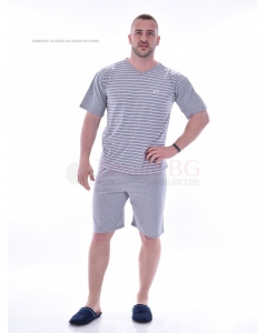 Mъжка пижама къс ръкав и къс панталон с плетено райе в светло сиво